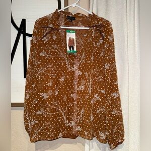 Collection by Bobeau Brown Floral Sheer Blouse new